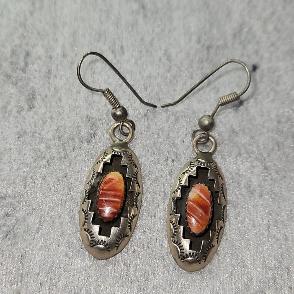 Oval Silver-Tone Dangle Earrings with Orange Shell Inlay